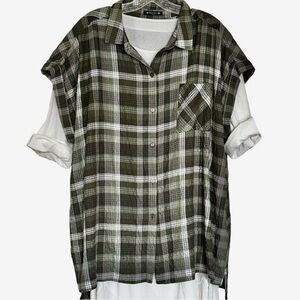 Architect 3XL Green Seersucker Plaid Button Front Shirt Lightweight Camp Shirt